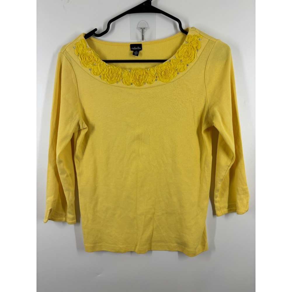 Rafaella Womens Yellow Rosette Rhinestone Scoop Neck 3/4 Sleeve Cotton Top S